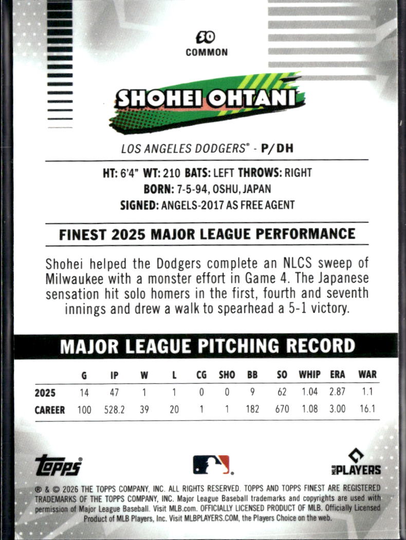 Shohei Ohtani 2026 Topps Finest Card #50 Los Angeles Dodgers