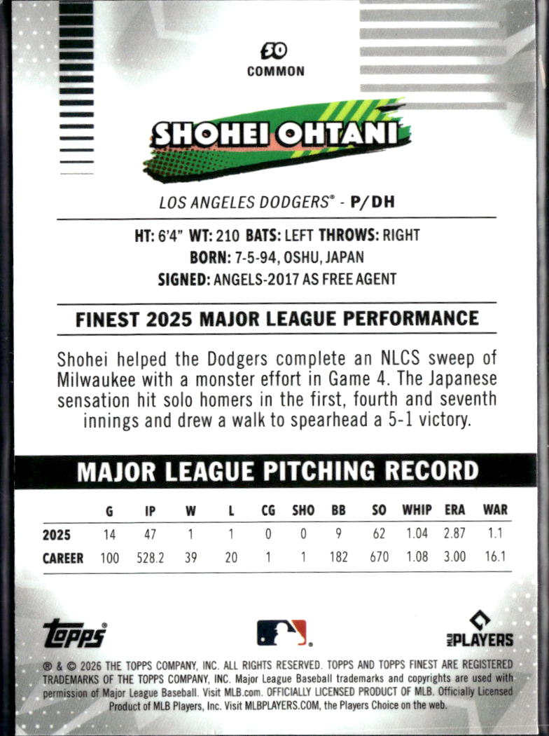 Shohei Ohtani 2026 Topps Finest Card #50 Los Angeles Dodgers