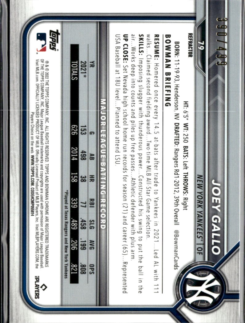 Joey Gallo 2022 Bowman Chrome Refractor /499 New York Yankees