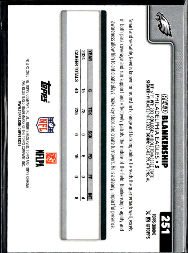 Reed Blankenship 2025 Topps Chrome Neon Pulse Refractor Philadelphia Eagles