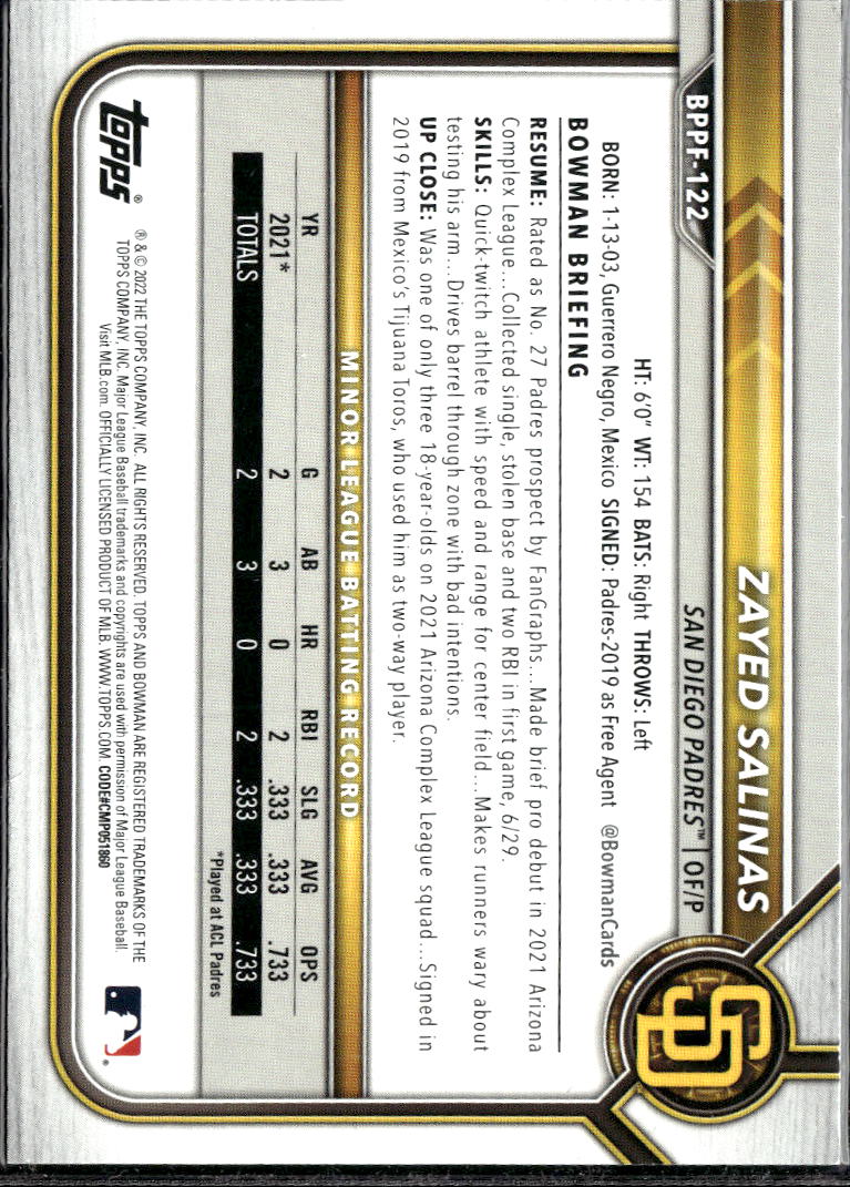 Zayed Salinas 2022 Bowman 1st Edition Blue /150 San Diego Padres