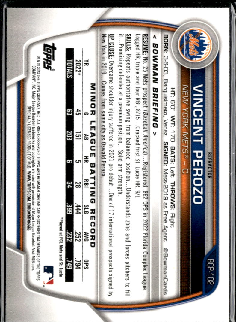 Vincent Perozo 2023 Bowman Chrome 1st Refractor /499 New York Mets