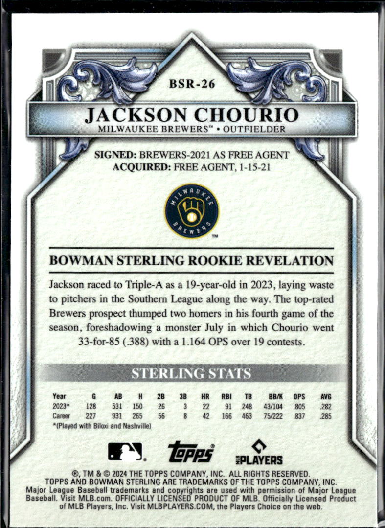 Jackson Chourio 2024 Bowman Sterling RC Rookie Milwaukee Brewers