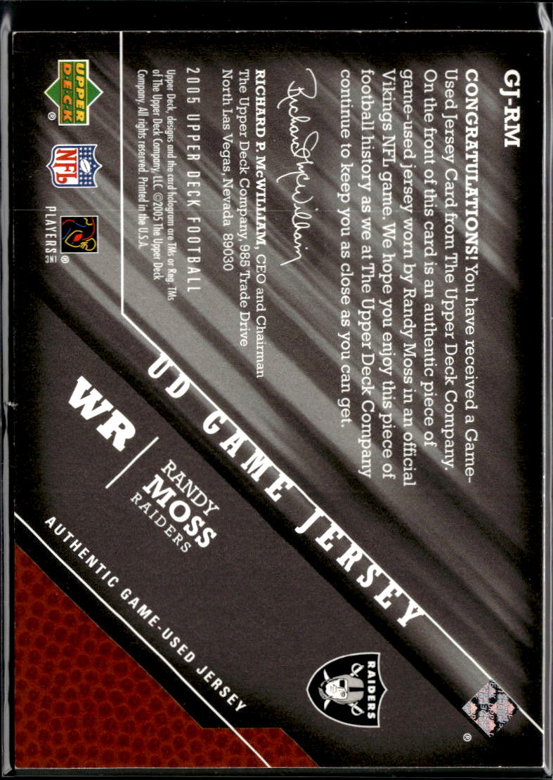 Randy Moss 2005 Upper Deck Game Worn Jersey Patch Raiders Minnesota Vikings