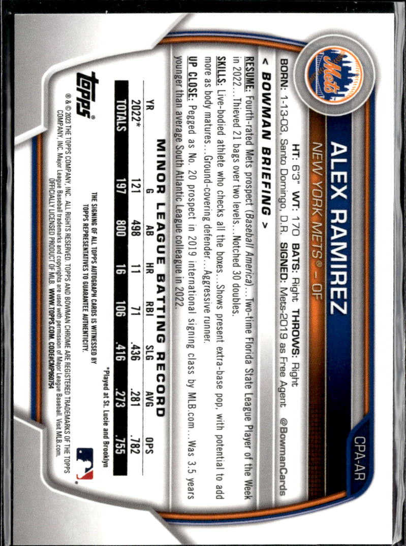 Alex Ramirez 2023 Bowman Chrome Auto Autograph 93/299 New York Mets