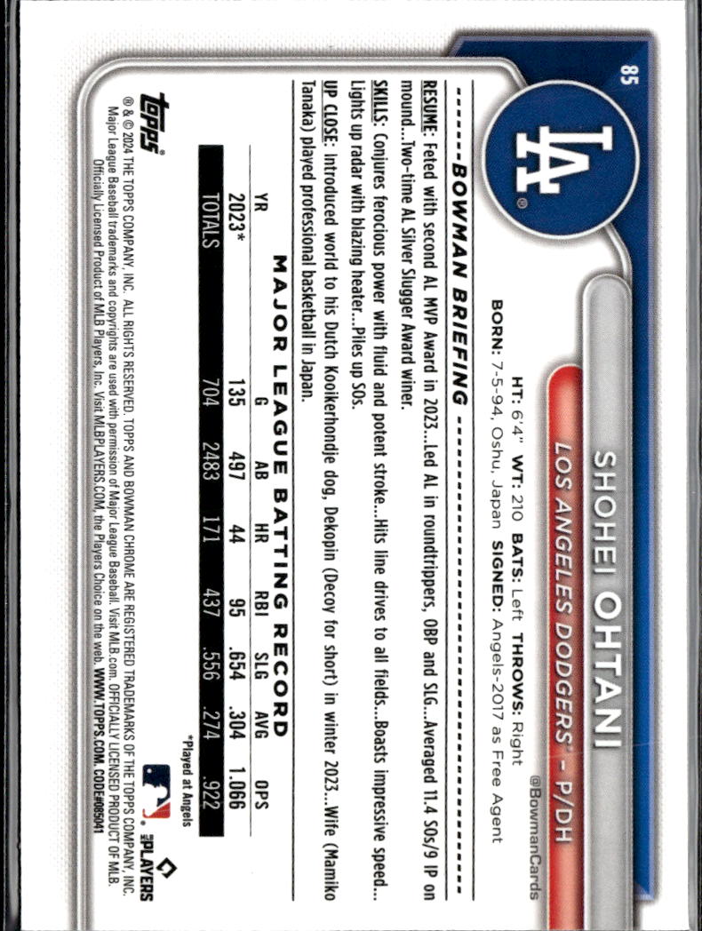 Shohei Ohtani 2024 Bowman Chrome Sapphire Edition #85 Los Angeles Dodgers