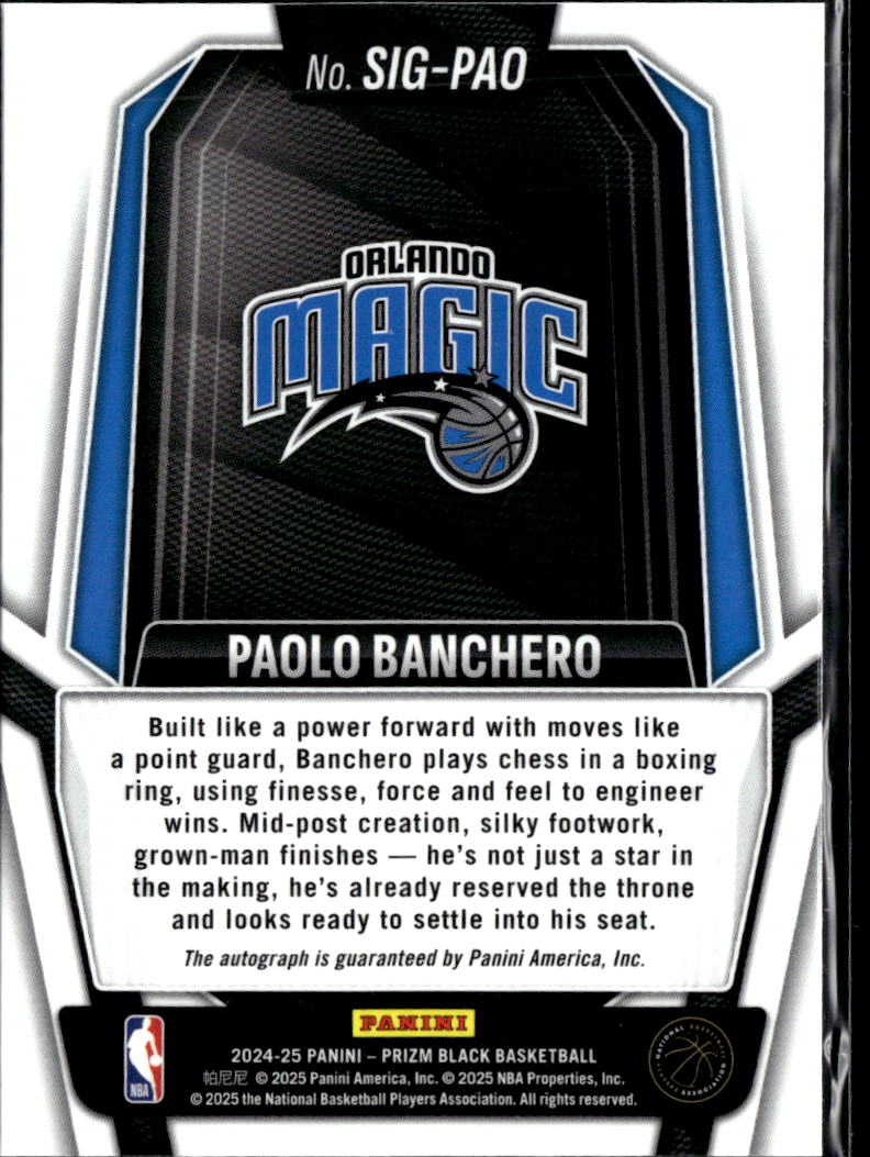 Paolo Banchero 2024-25 Prizm Black Auto Autograph Orlando Magic