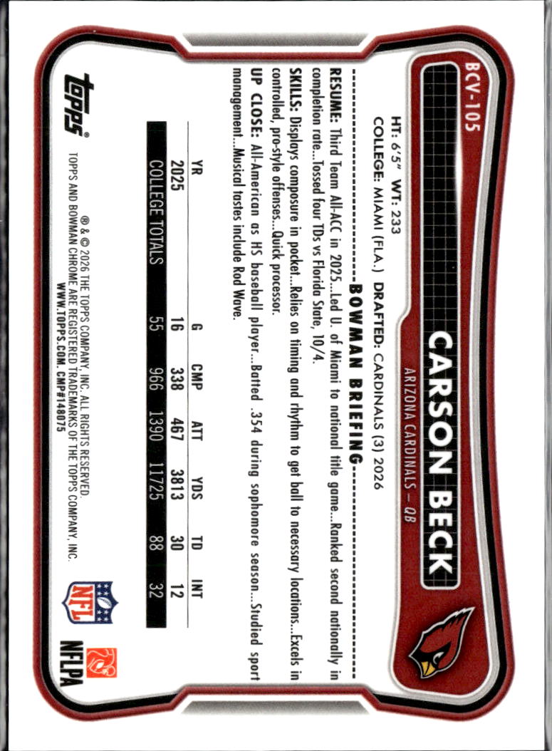 Carson Beck 2026 Bowman Chrome Blue Reptilian Rookie RC 46/150 Arizona Cardinals