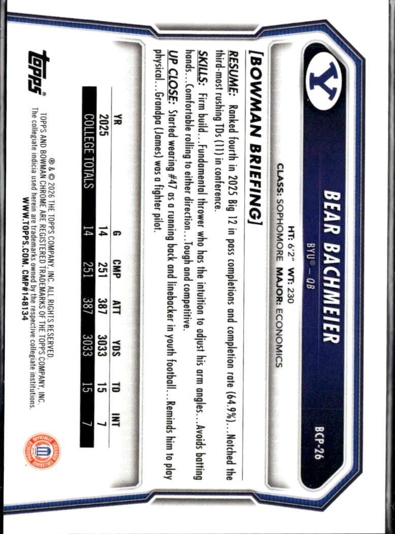 Bear Bachmeier 2026 Bowman Chrome 1st GOLD Shimmer RC 33/50 BYU Cougars