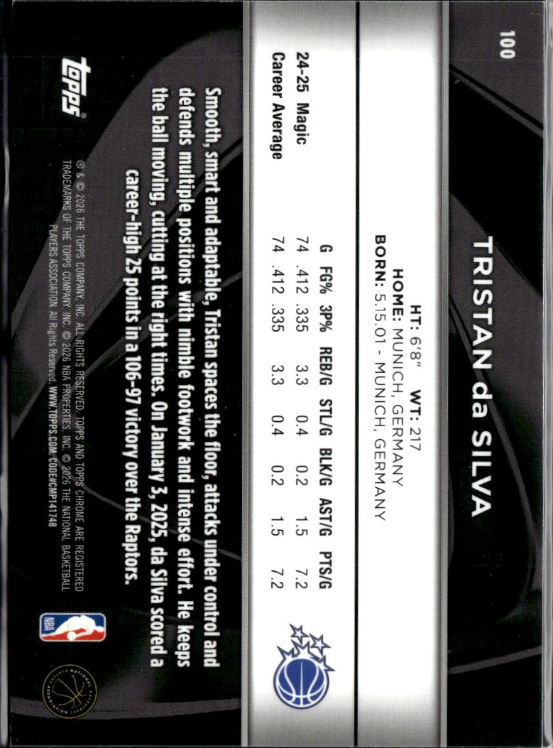 Tristan da Silva 2026 Topps Chrome Black Wave Refractor 298/299 Orlando Magic