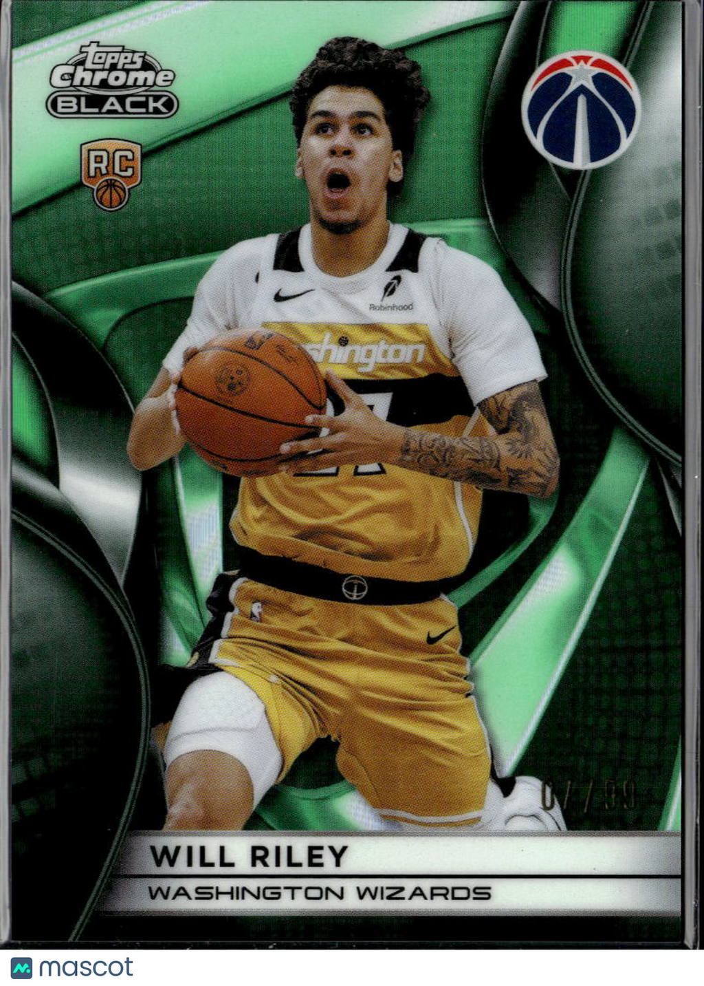 Will Riley 2026 Topps Chrome Black RC Green Refractor 7/99 Washington Wizards
