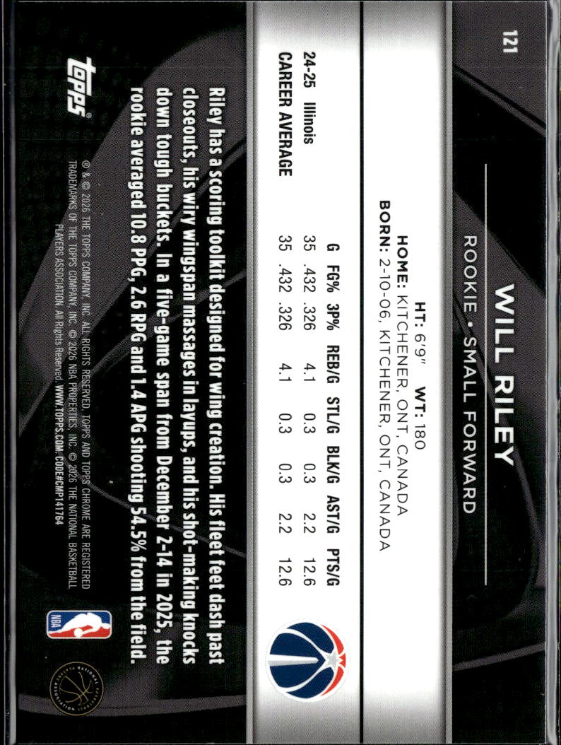 Will Riley 2026 Topps Chrome Black RC Green Refractor 7/99 Washington Wizards