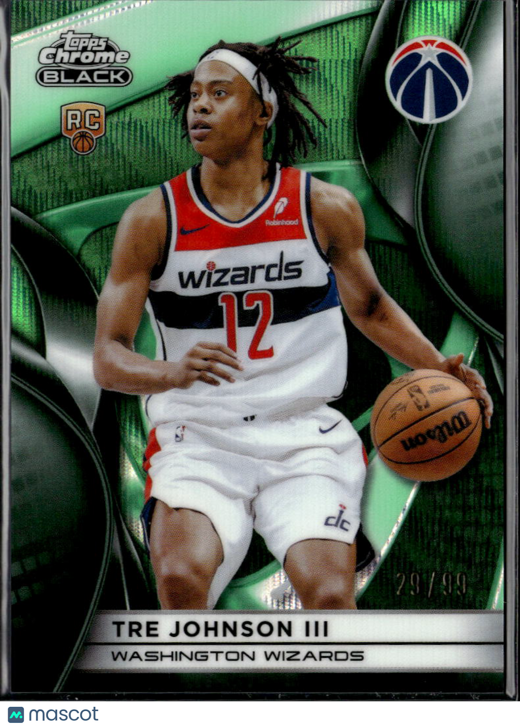 Tre Johnson III 2026 Topps Chrome Black RC Green Refractor 29/99 Wizards