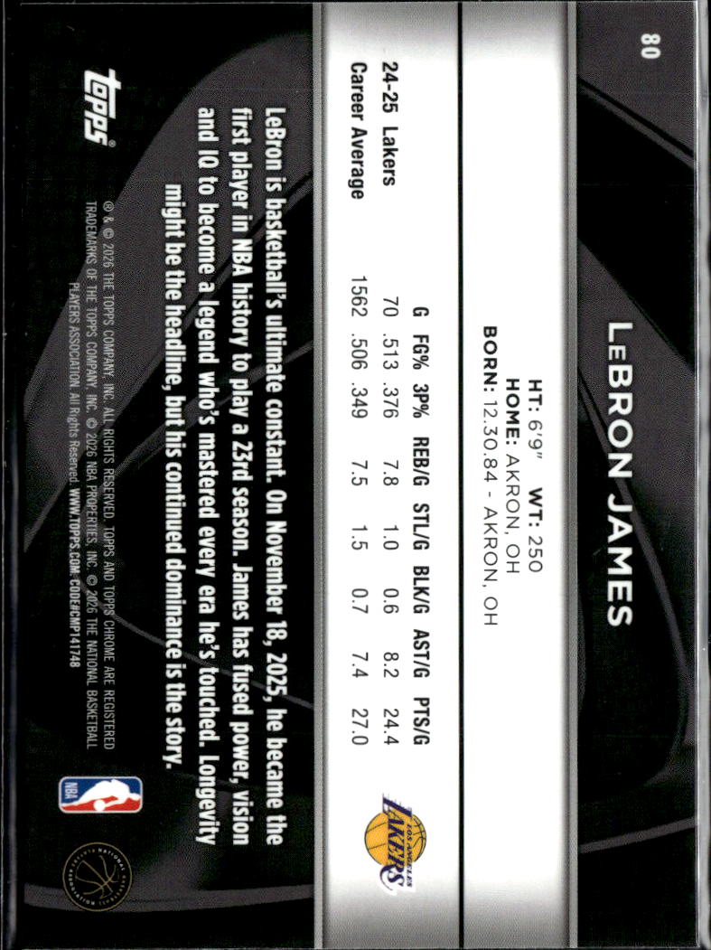 LeBron James 2026 Topps Chrome Black Card #80 Los Angeles Lakers