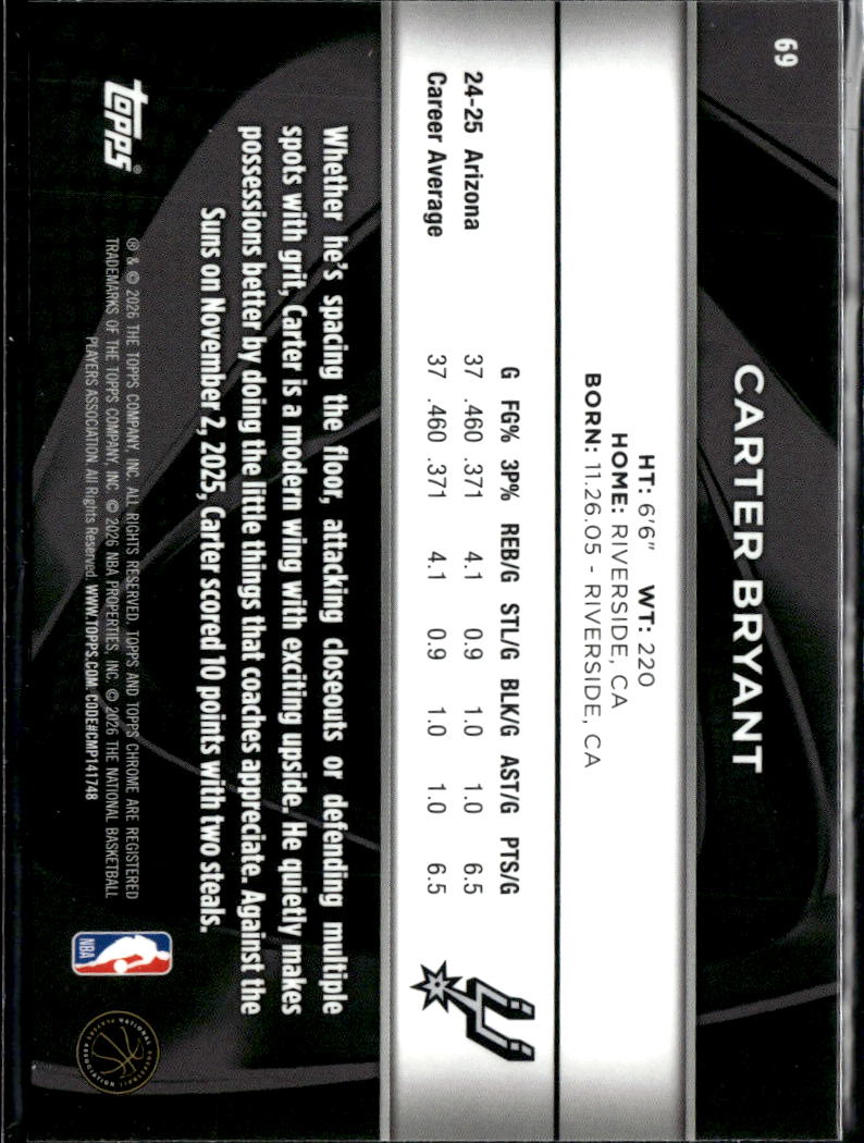 Carter Bryant 2026 Topps Chrome Black Rookie RC San Antonio Spurs