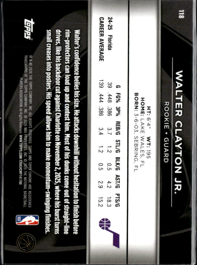 Walter Clayton Jr. 2026 Topps Chrome Black Rookie Design Variation SSP Utah Jazz