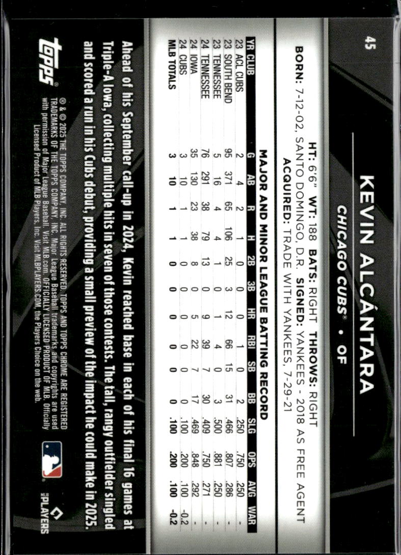 Kevin Alcántara 2025 Topps Chrome Black Rookie Variation Purple /75 Chicago Cubs