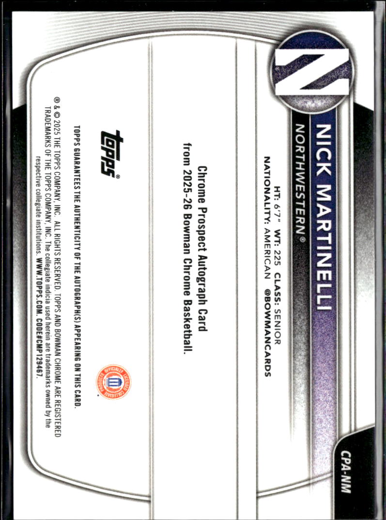 Nick Martinelli 2025 Bowman Chrome 1st Auto Autograph Northwestern Wildcats