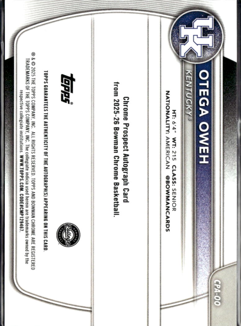 Otega Oweh 2025 Bowman Chrome Auto Autograph /299 Kentucky Wildcats OKC Thunder