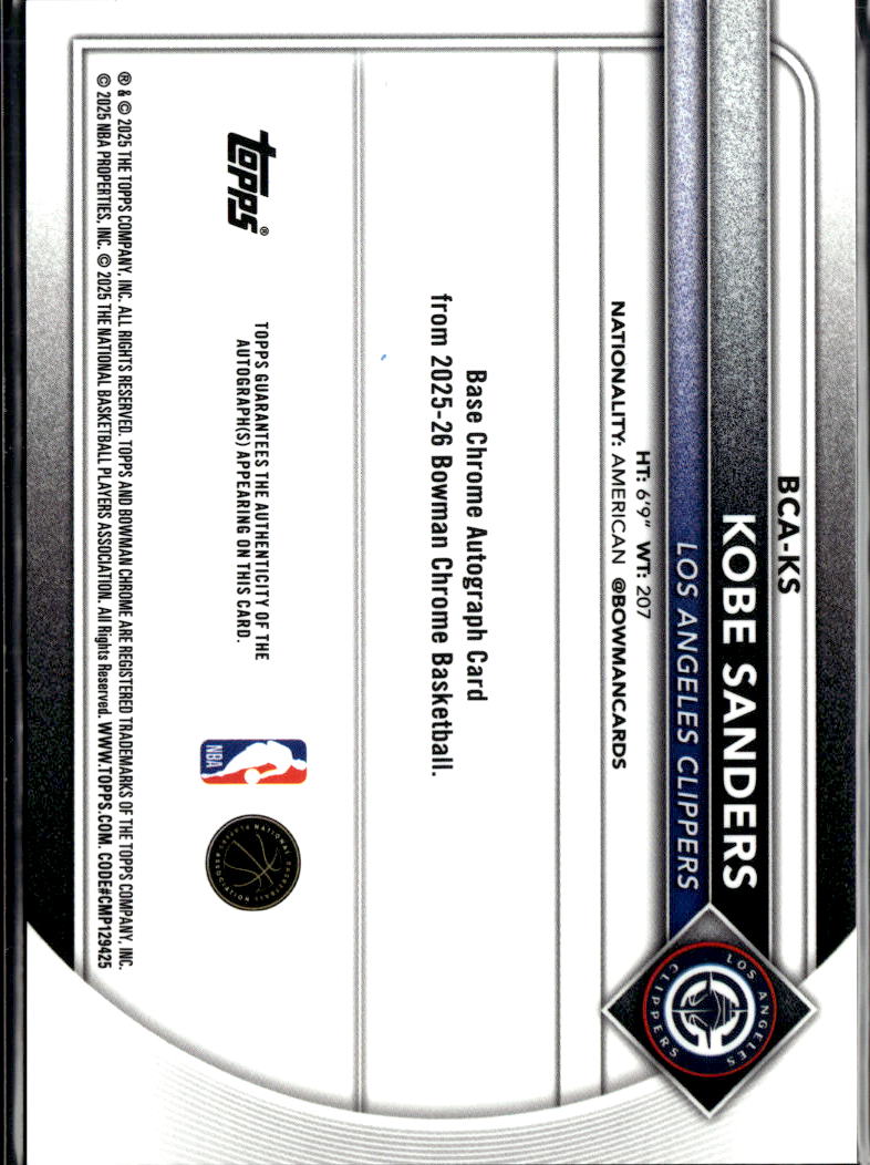 Kobe Sanders 2025 Bowman Chrome Auto Autograph RC 83/299 Los Angeles Clippers