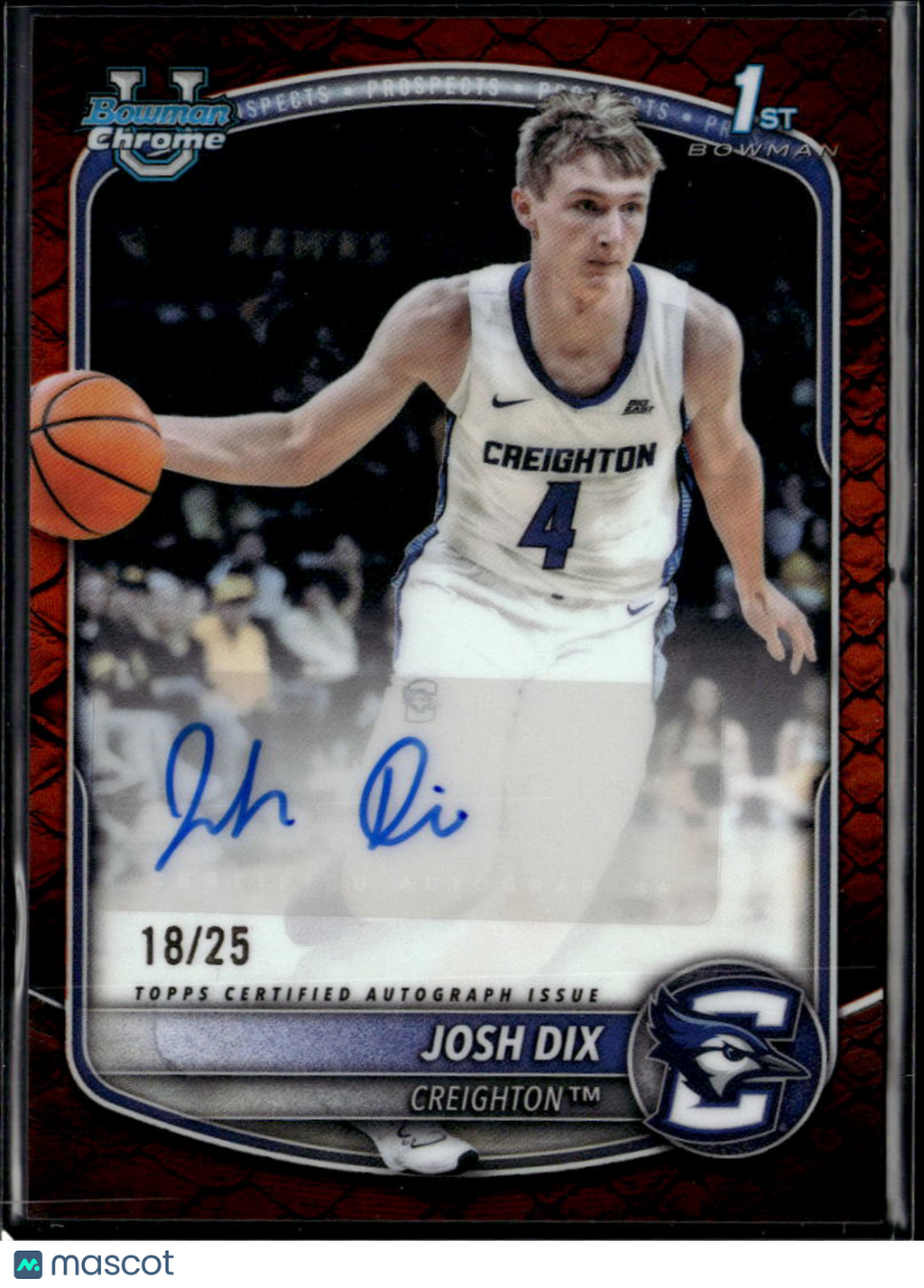 Josh Dix 2025 Bowman Chrome 1st Auto Autograph 18/25 Creighton Bluejays