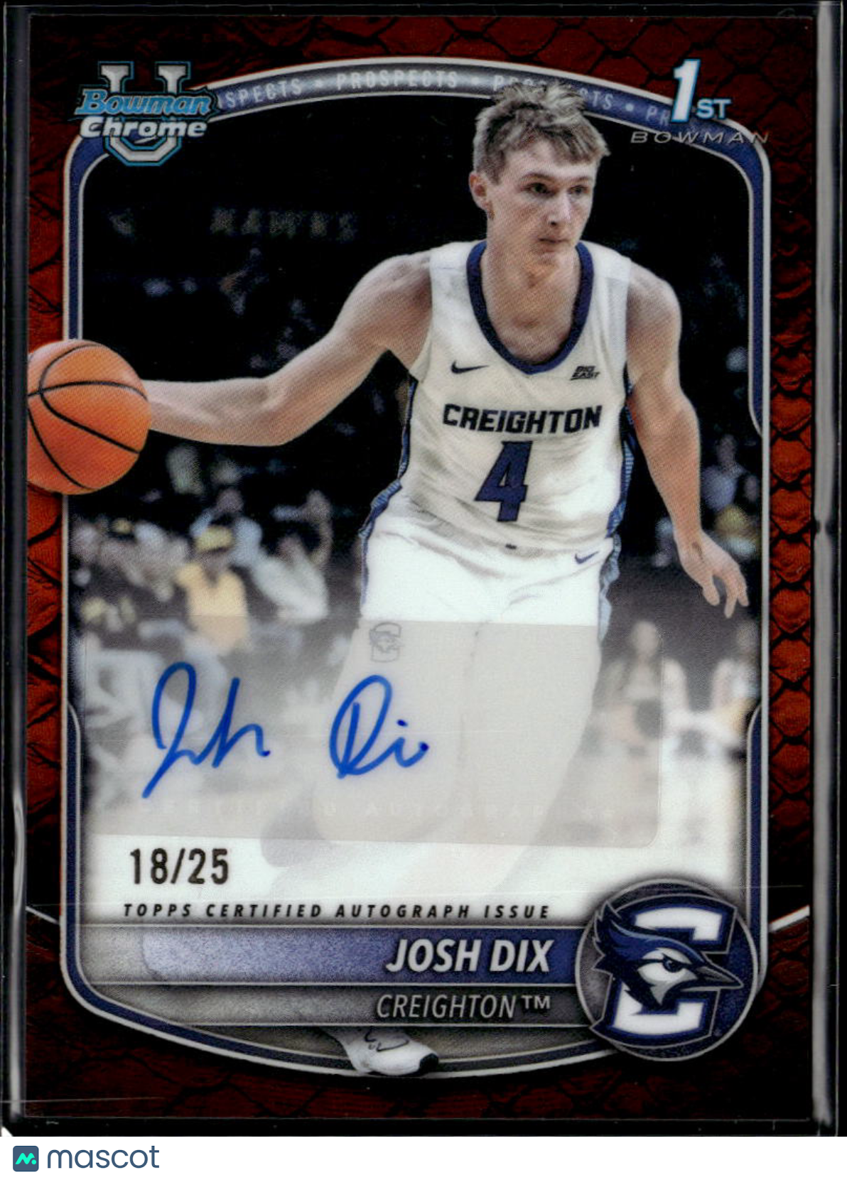Josh Dix 2025 Bowman Chrome 1st Auto Autograph 18/25 Creighton Bluejays
