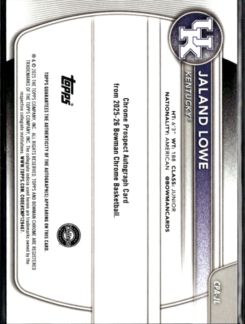 Jaland Lowe 2025 Bowman Chrome 1st Auto Autograph Orange 23/25 Kentucky Wildcats