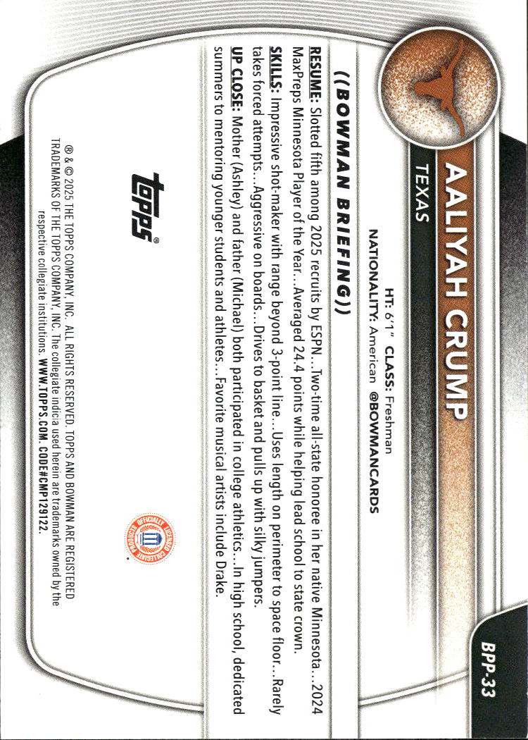 Aaliyah Crump 2025 Bowman 1st Orange Rookie RC 20/25 Texas Longhorns