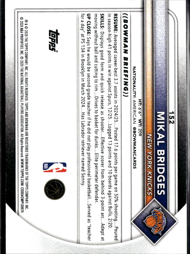 Mikal Bridges 2025 Bowman GOLD Parallel 41/50 New York Knicks