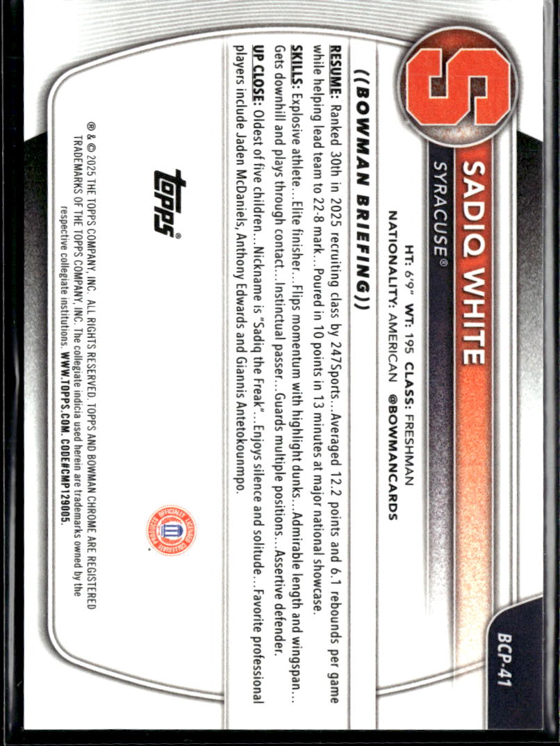 Sadiq White 2025 Bowman Chrome 1st Blue Reptilian 10/150 Syracuse Orange