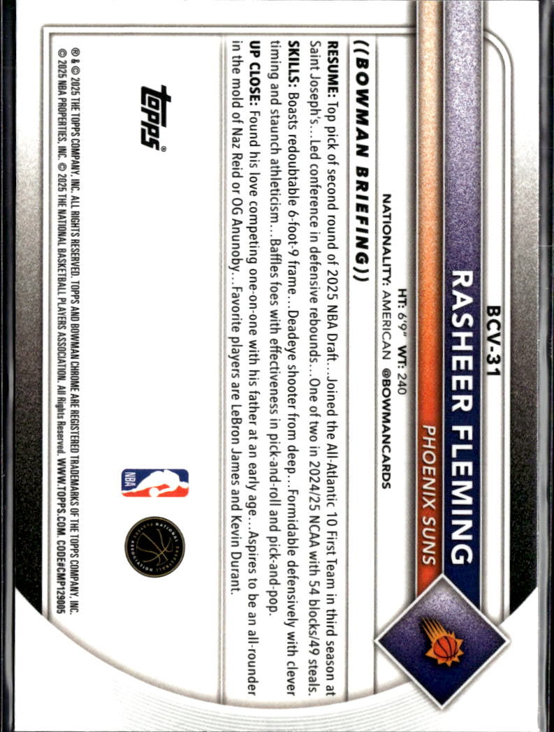 Rasheer Fleming 2025 Bowman Chrome Yellow Refractor RC 45/75 Phoenix Suns