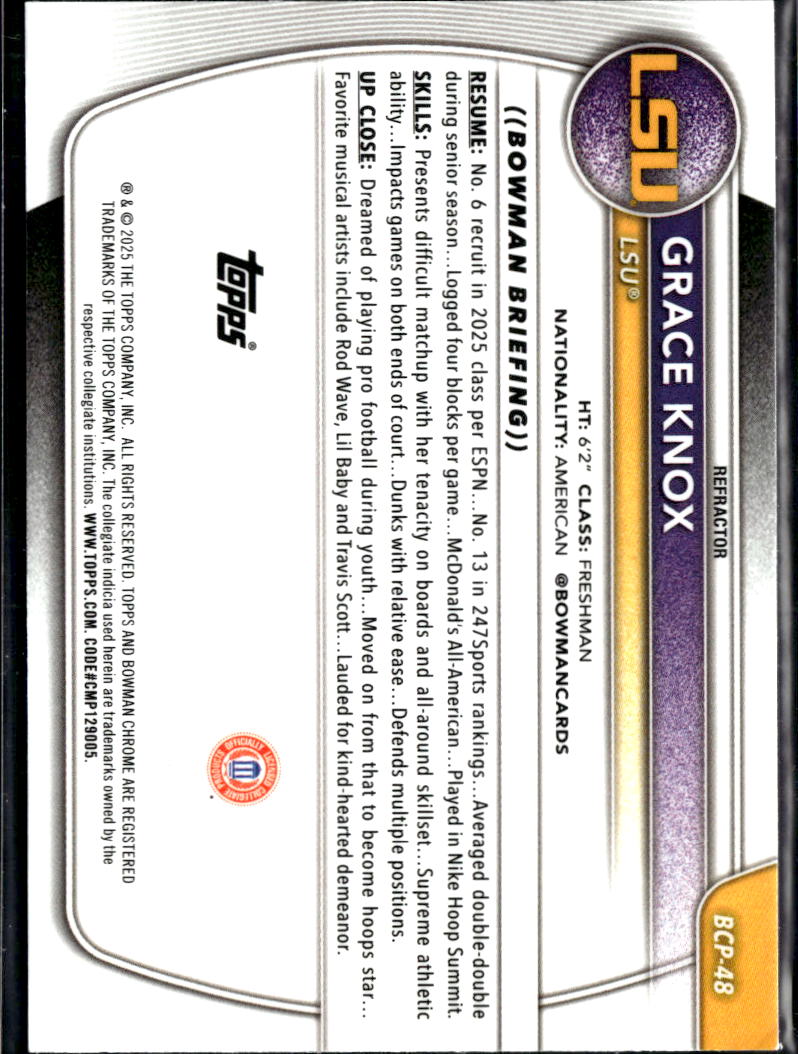 Grace Knox 2025 Bowman Chrome 1st Refractor 224/499 LSU Tigers