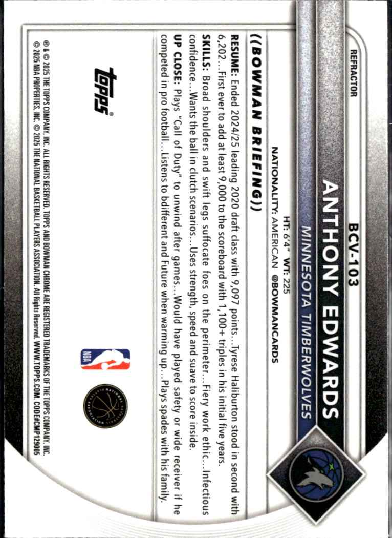 Anthony Edwards 2025 Bowman Chrome Refractor 350/499 Minnesota Timberwolves