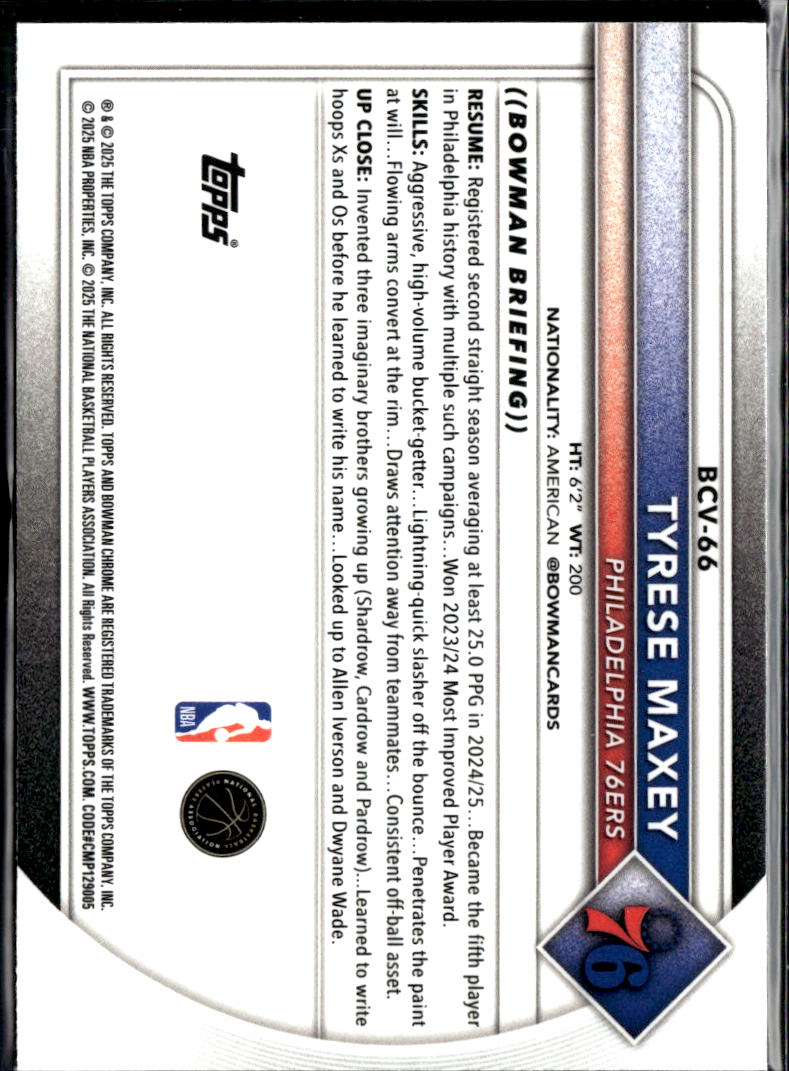 Tyrese Maxey 2025 Bowman Chrome Blue Refractor /150 Philadelphia 76ers