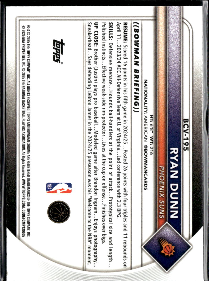 Ryan Dunn 2025 Bowman Chrome Speckle Refractor 268/299 Phoenix Suns