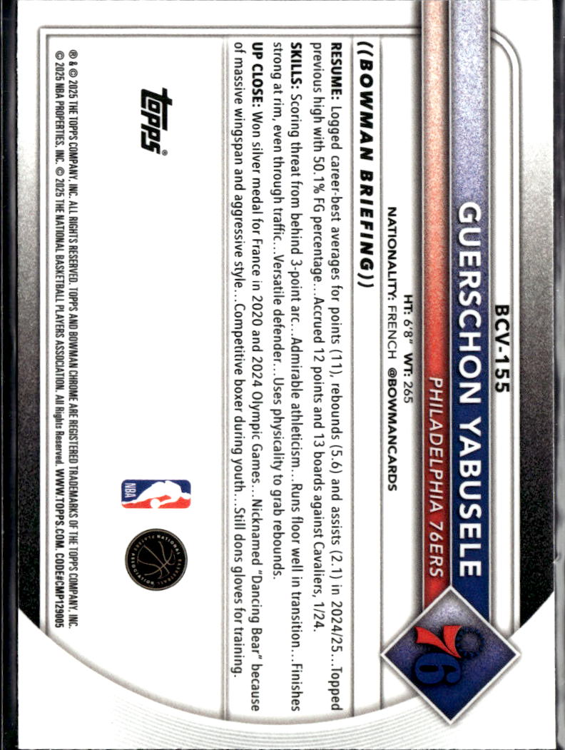 Guerschon Yabusele 2025 Bowman Chrome Mini Diamond Philadelphia 76ers