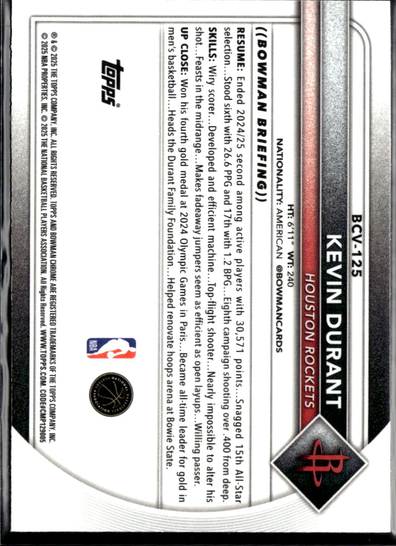 Kevin Durant 2025 Bowman Chrome Mini Diamond Houston Rockets