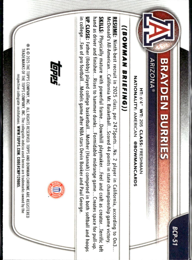 Brayden Burries 2025 Bowman Chrome Mini Diamond Arizona Wildcats