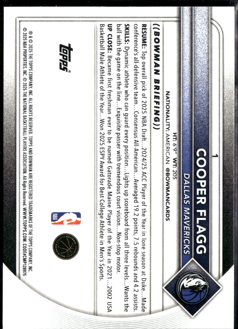 Cooper Flagg 2025 Bowman Rookie RC Dallas Mavericks
