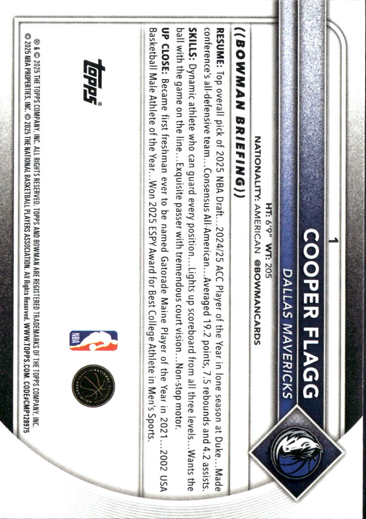 Cooper Flagg 2025 Bowman Rookie RC Dallas Mavericks