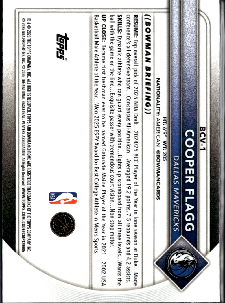 Cooper Flagg 2025 Bowman Chrome Rookie RC Dallas Mavericks