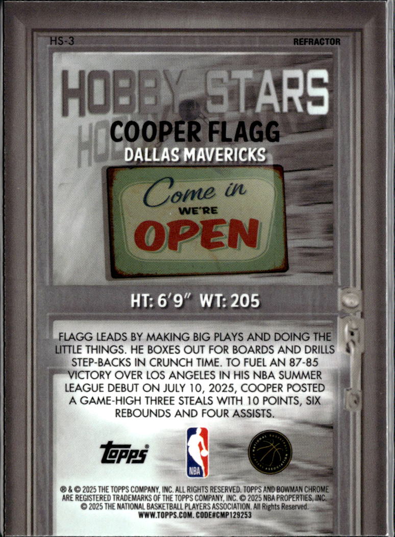 Cooper Flagg 2025 Bowman Chrome Hobby Stars Refractor RC Dallas Mavericks