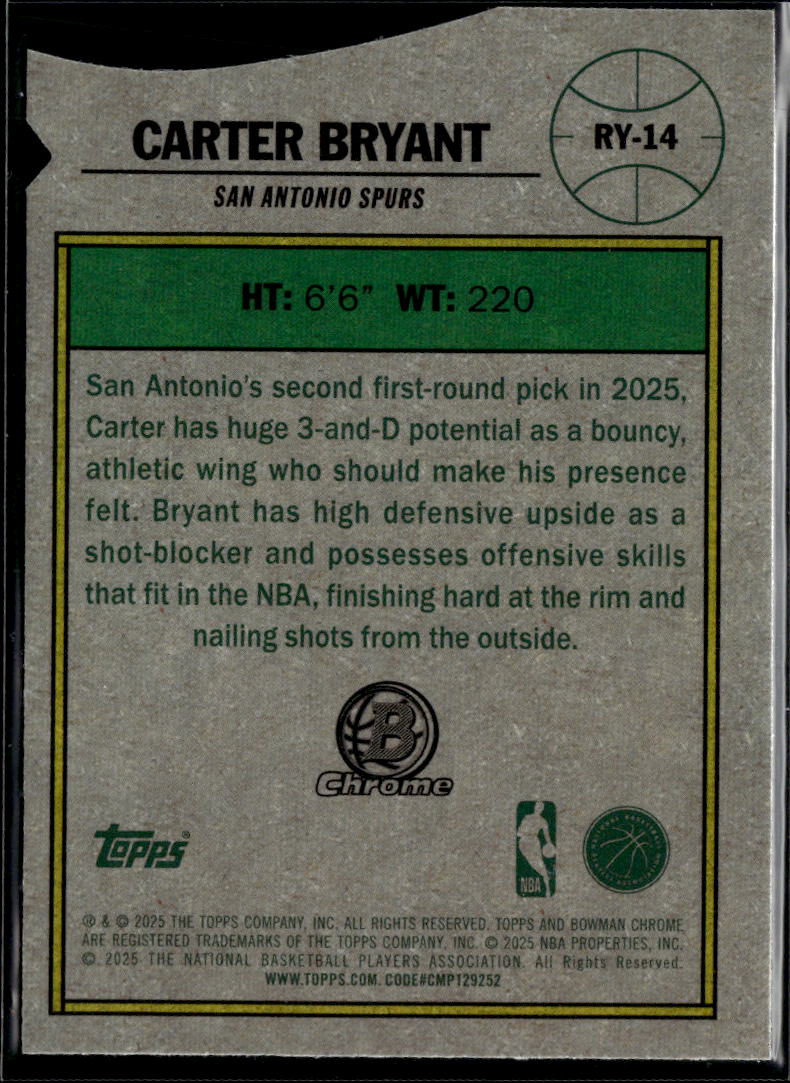 Carter Bryant 2025 Bowman Chrome Rookie of the Year Favorites San Antonio Spurs