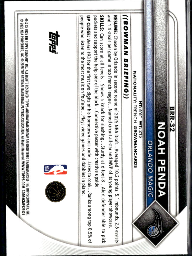 Noah Penda 2025 Bowman Chrome RED Rookie RC Orlando Magic