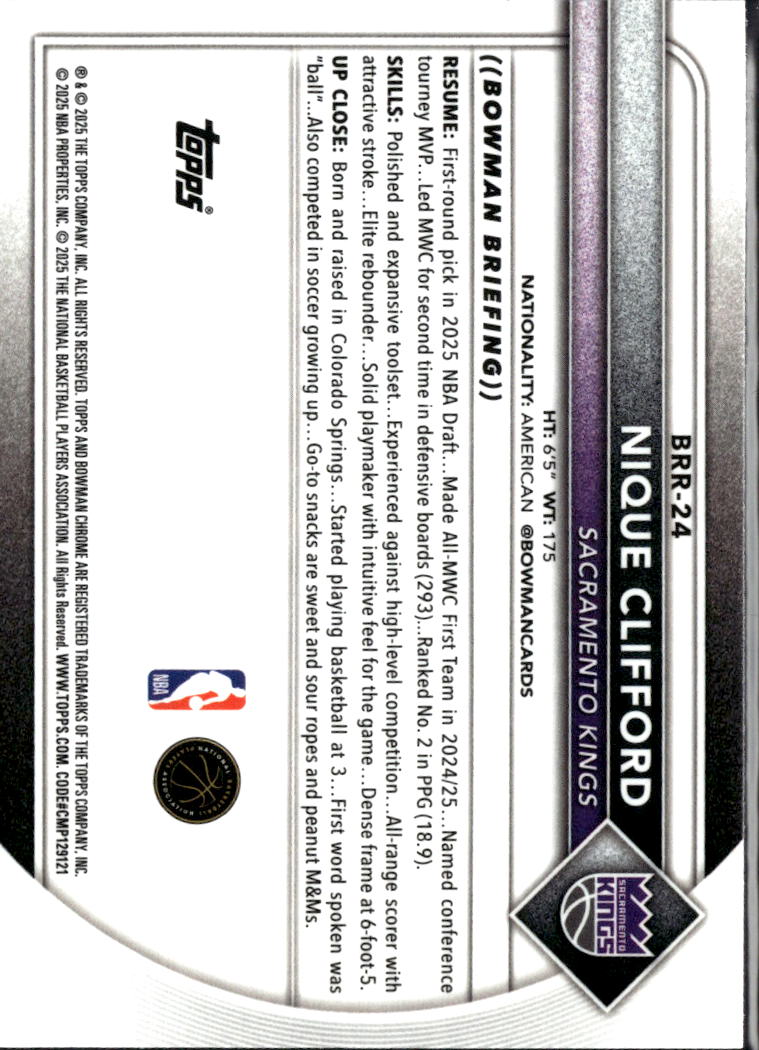 Nique Clifford 2025 Bowman Chrome RED Rookie RC Sacramento Kings