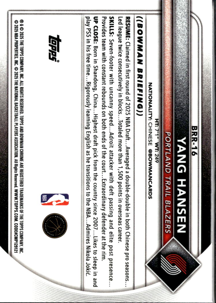 Yang Hansen 2025 Bowman Chrome RED Rookie RC Portland Trail Blazers
