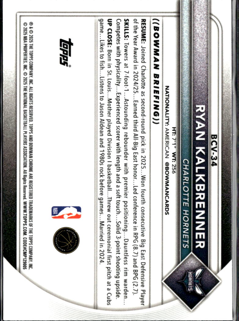 Ryan Kalkbrenner 2025 Bowman Chrome Reptilian Refractor Rookie Charlotte Hornets