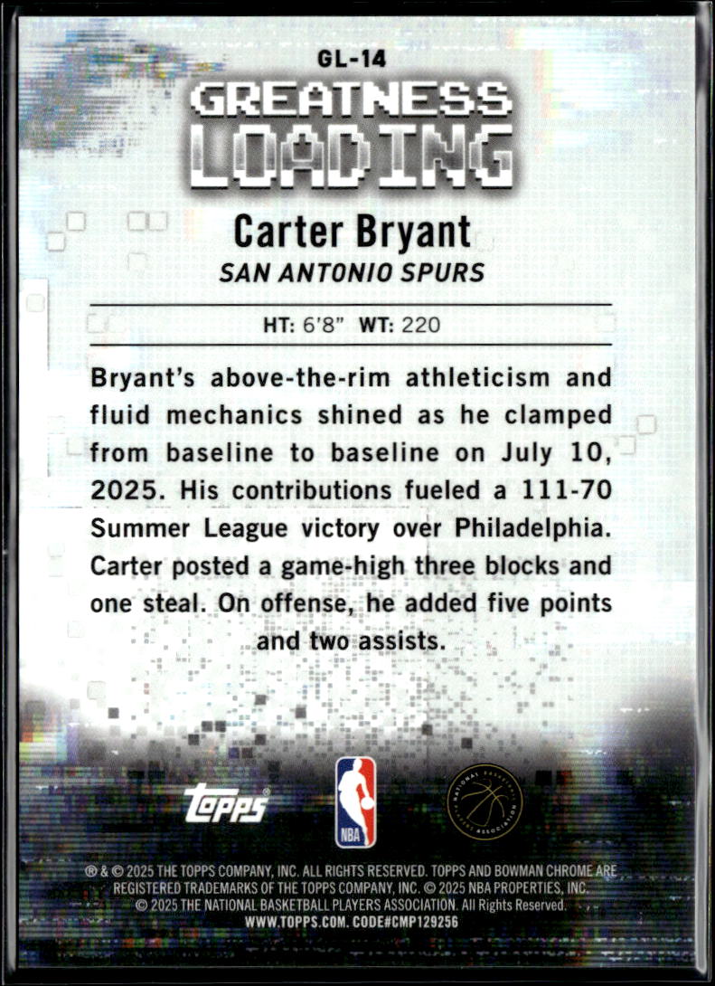 Carter Bryant 2025 Bowman Chrome Loading Pink RC 167/199 San Antonio Spurs
