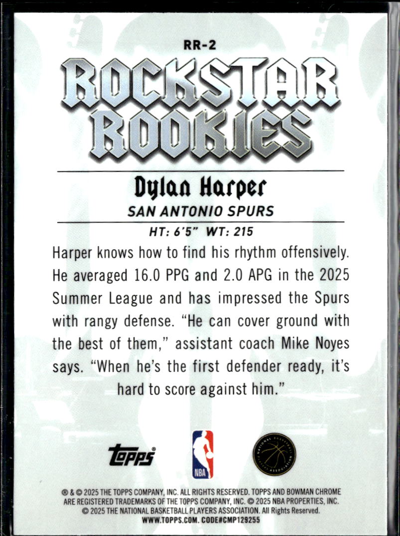 Dylan Harper 2025 Bowman Chrome Rockstar Rookies RC San Antonio Spurs