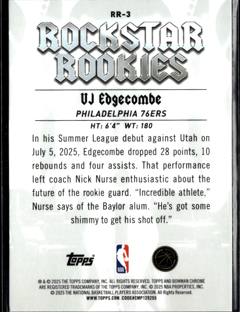 VJ Edgecombe 2025 Bowman Chrome Rockstar Rookies RC Philadelphia 76ers